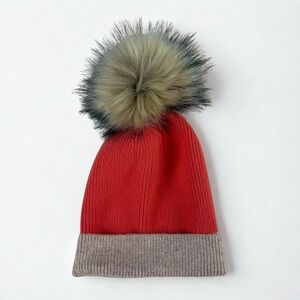 Norla Canada Beanie Womens OS Orange Tan Ribbed Knit Faux Fur Pom Pom Hat